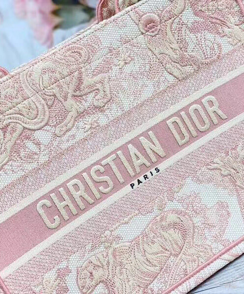 Christian Dior Book Tote Velvet Mizza Embroidery Canvas Pink